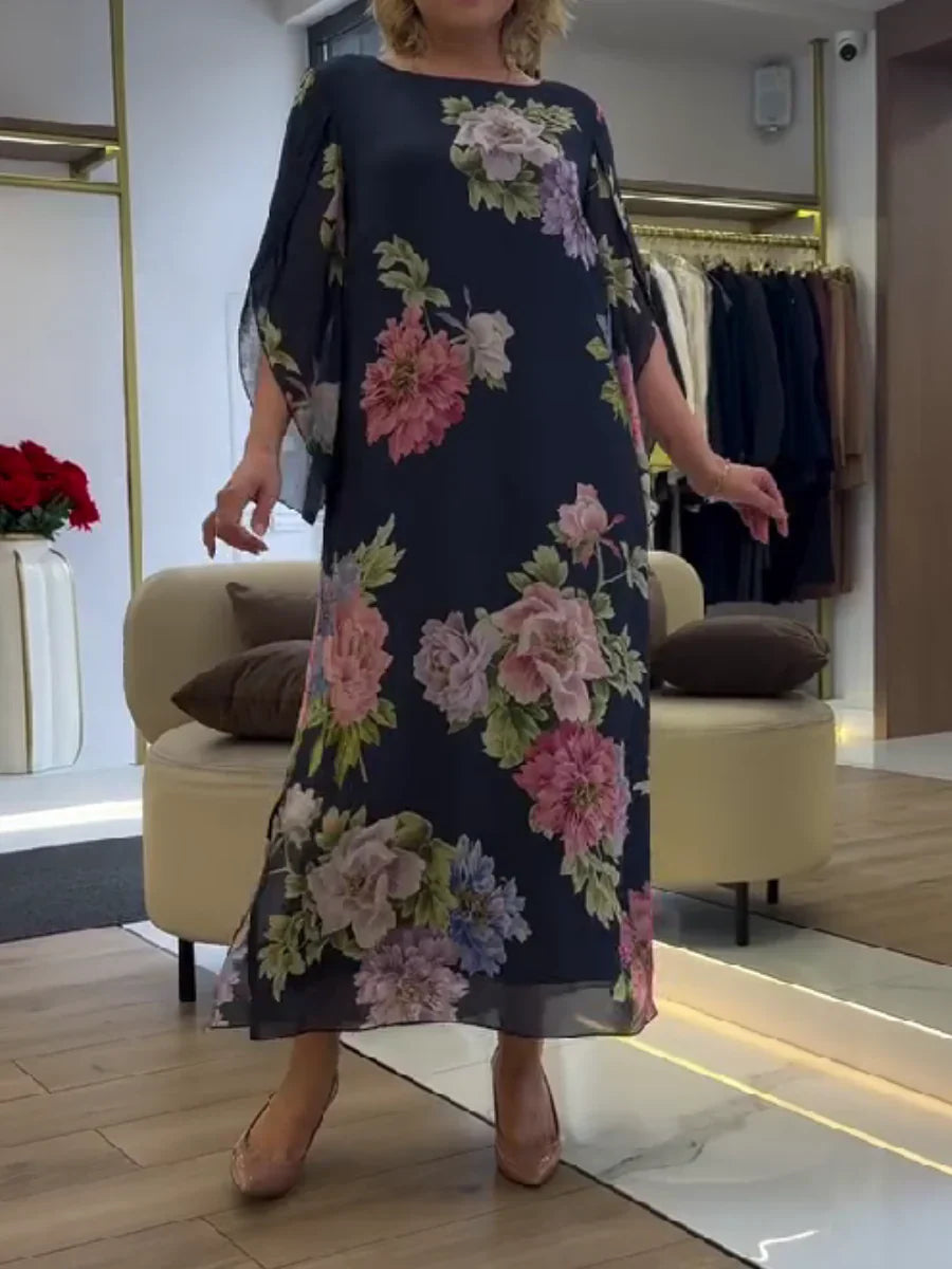 Floral Print Maxi Dress Lightweight Chiffon Comfort