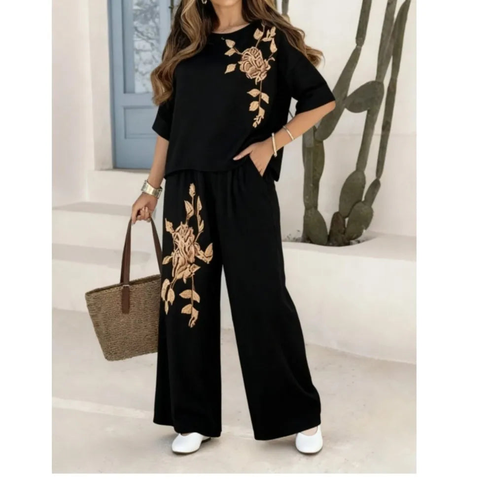 Felena | Set of Elegant Wide-Leg Trousers with Retro Embroidery