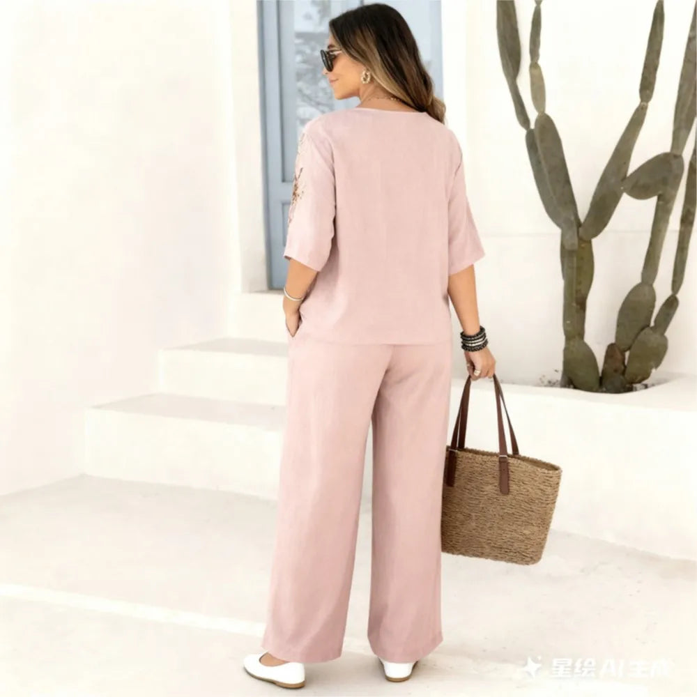 Felena | Set of Elegant Wide-Leg Trousers with Retro Embroidery