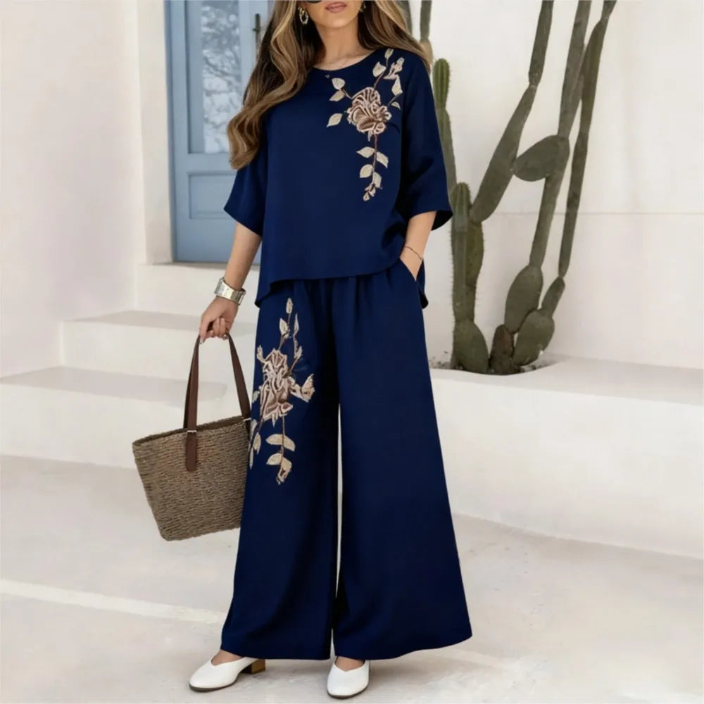 Felena | Set of Elegant Wide-Leg Trousers with Retro Embroidery