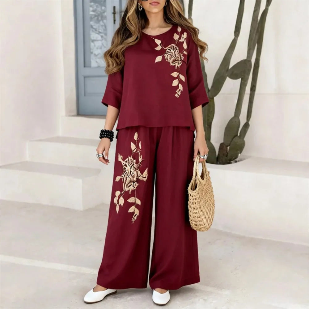 Felena | Set of Elegant Wide-Leg Trousers with Retro Embroidery