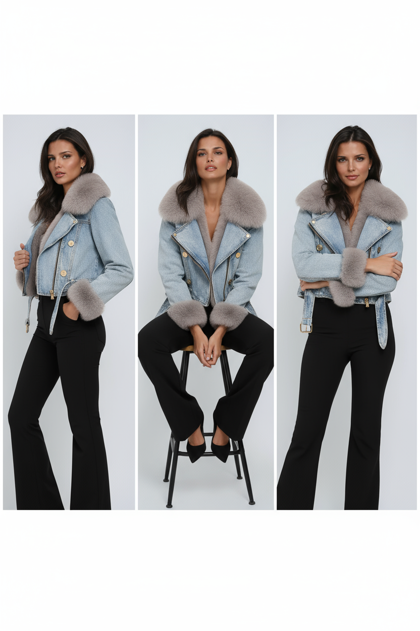 Denim Jacket with Fur Lining | Short Model with Collar