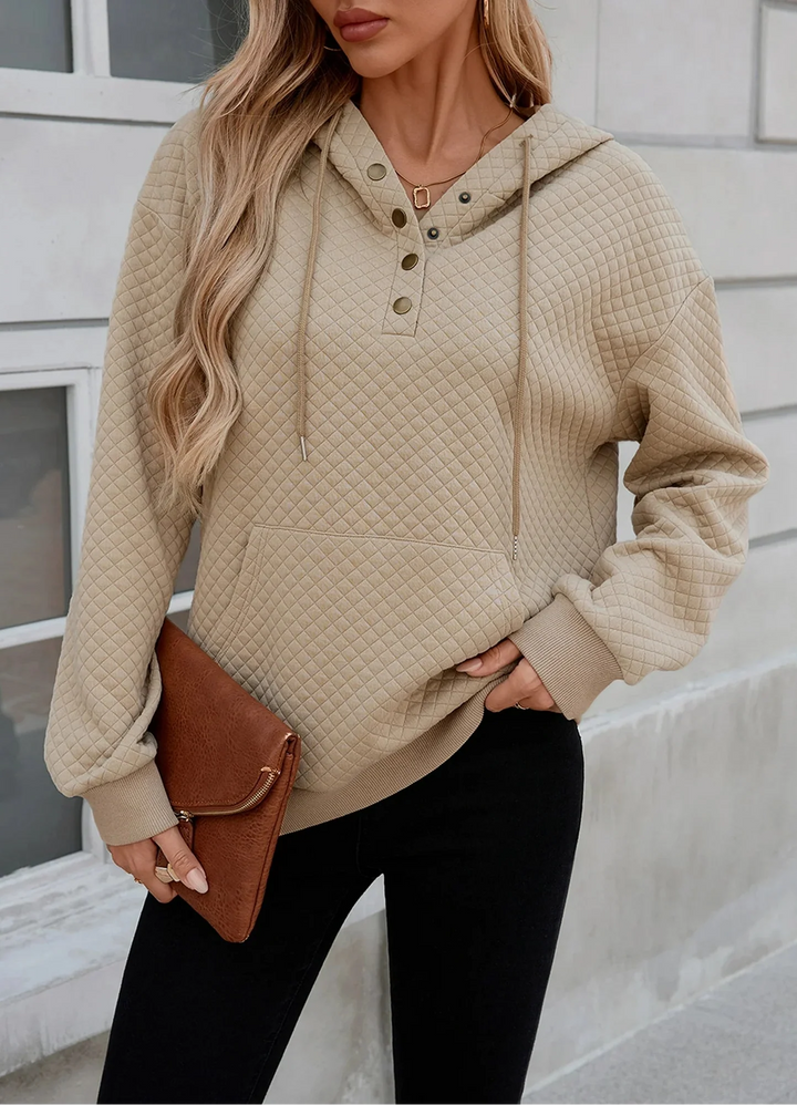 Women’s Quilted Hoodie – Long Sleeve Pullover with Buttons and Kangaroo Pocket