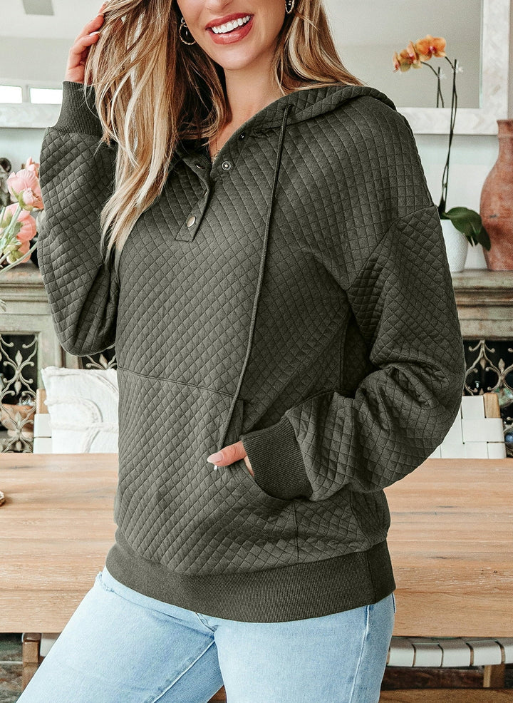 Women’s Quilted Hoodie – Long Sleeve Pullover with Buttons and Kangaroo Pocket