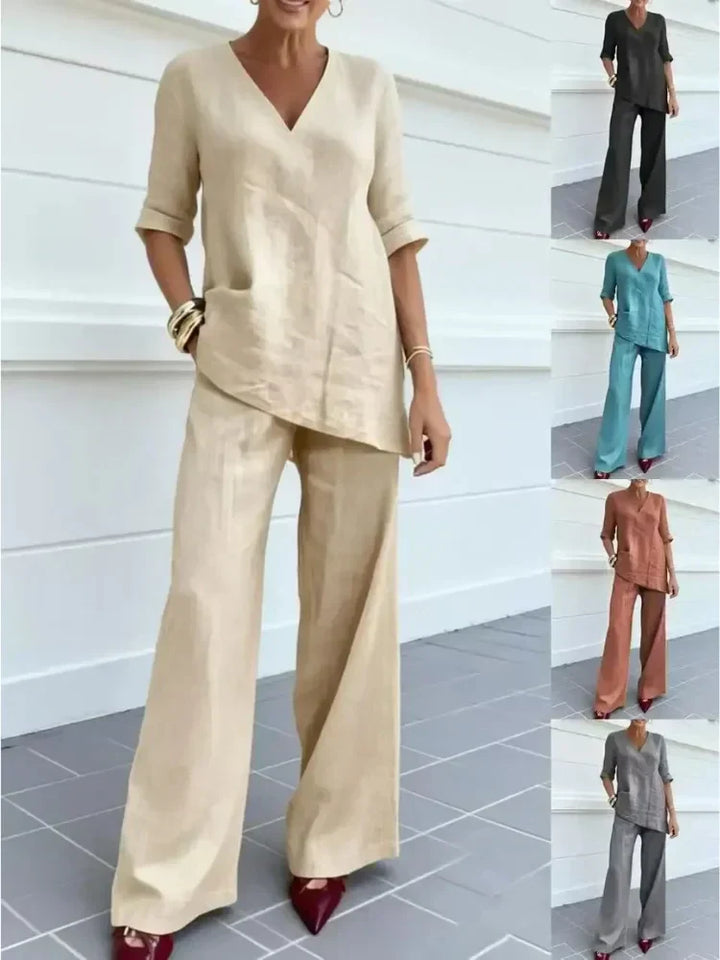 Susana | Two-Piece Set with Short Sleeve Top and Straight Leg Trousers