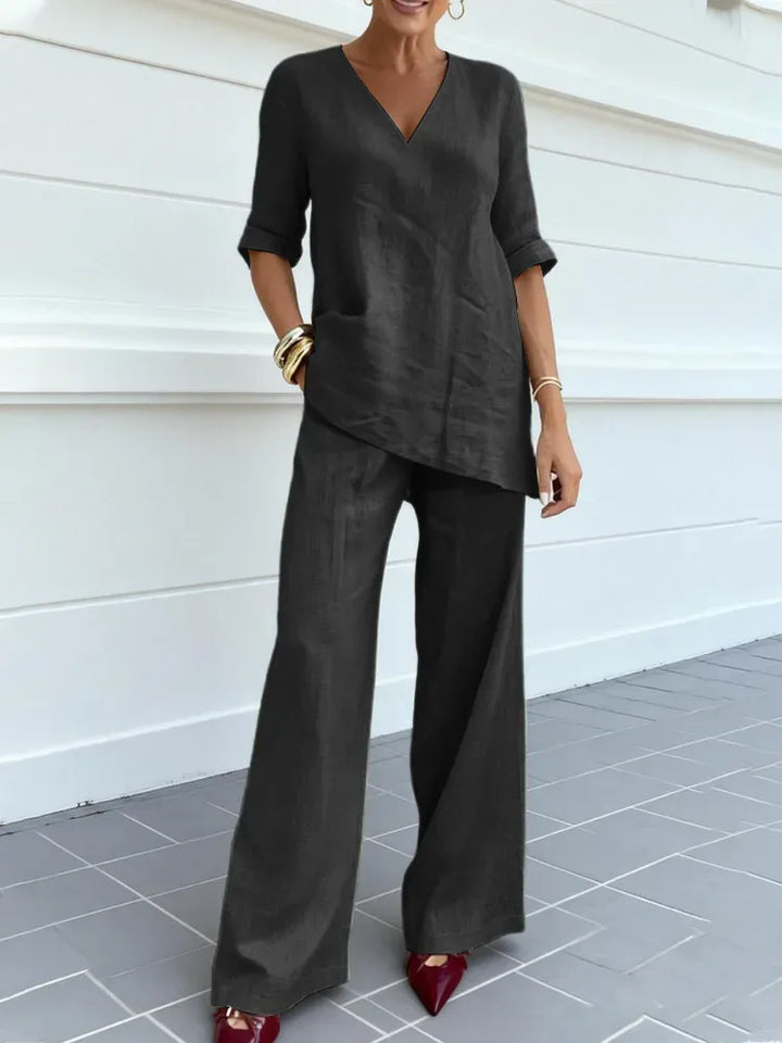 Susana | Two-Piece Set with Short Sleeve Top and Straight Leg Trousers