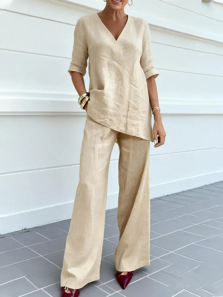 Susana | Two-Piece Set with Short Sleeve Top and Straight Leg Trousers