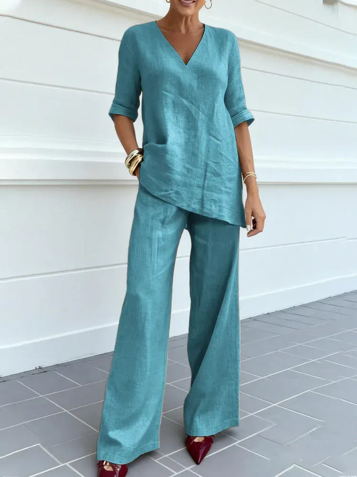 Susana | Two-Piece Set with Short Sleeve Top and Straight Leg Trousers