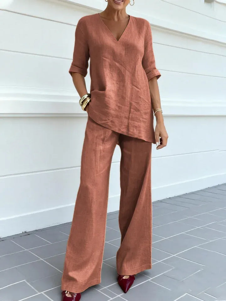 Susana | Two-Piece Set with Short Sleeve Top and Straight Leg Trousers