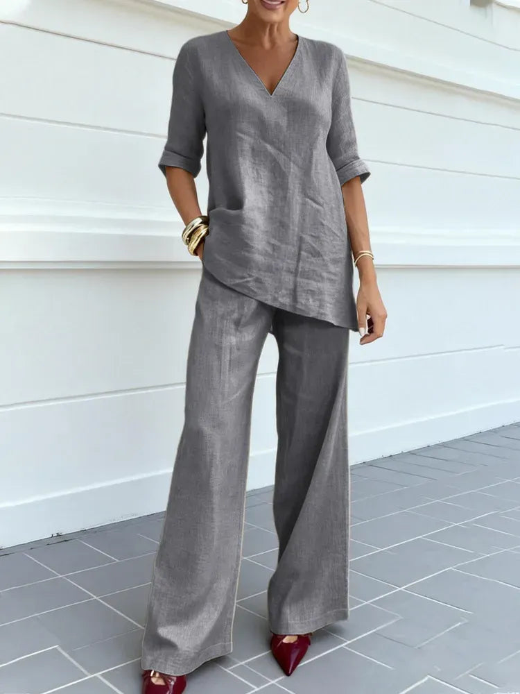 Susana | Two-Piece Set with Short Sleeve Top and Straight Leg Trousers