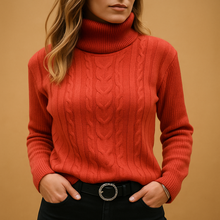 Women’s Cable Knit Sweater – Turtleneck Long Sleeve Pullover