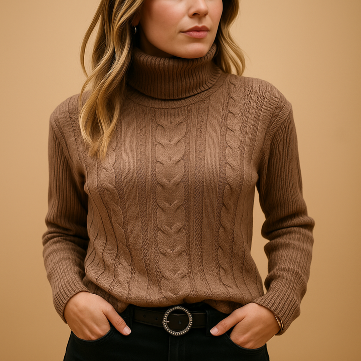 Women’s Cable Knit Sweater – Turtleneck Long Sleeve Pullover