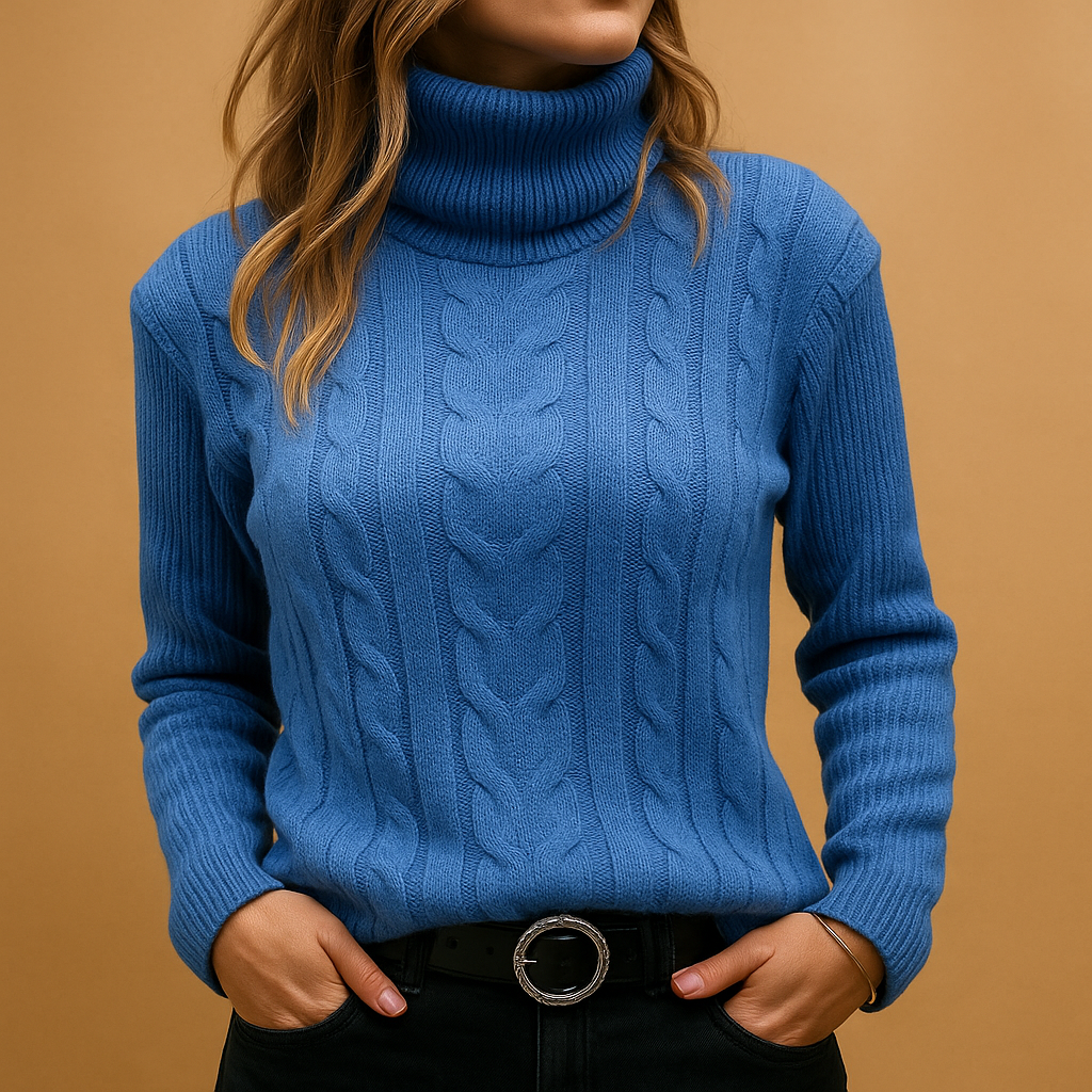 Women’s Cable Knit Sweater – Turtleneck Long Sleeve Pullover