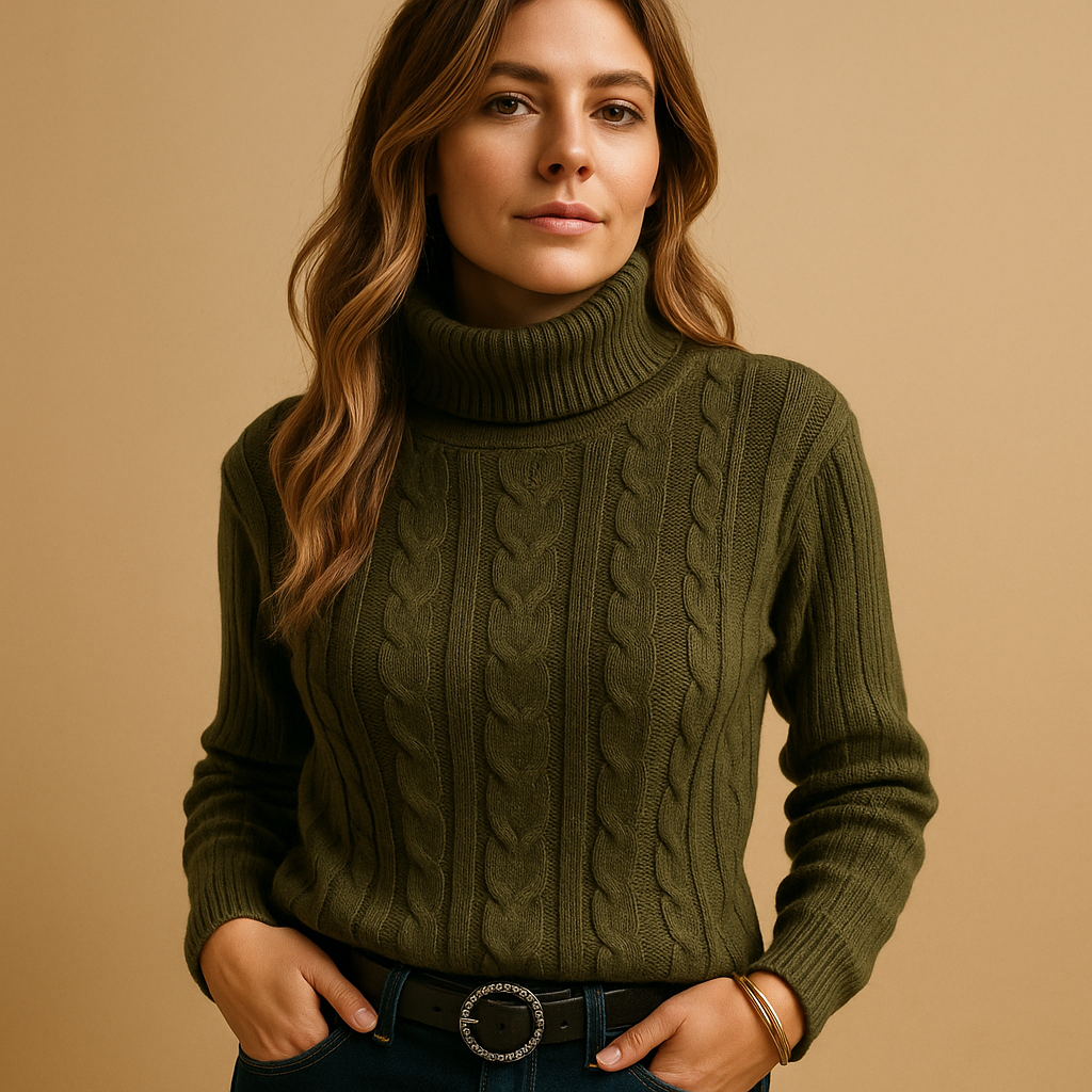 Women’s Cable Knit Sweater – Turtleneck Long Sleeve Pullover