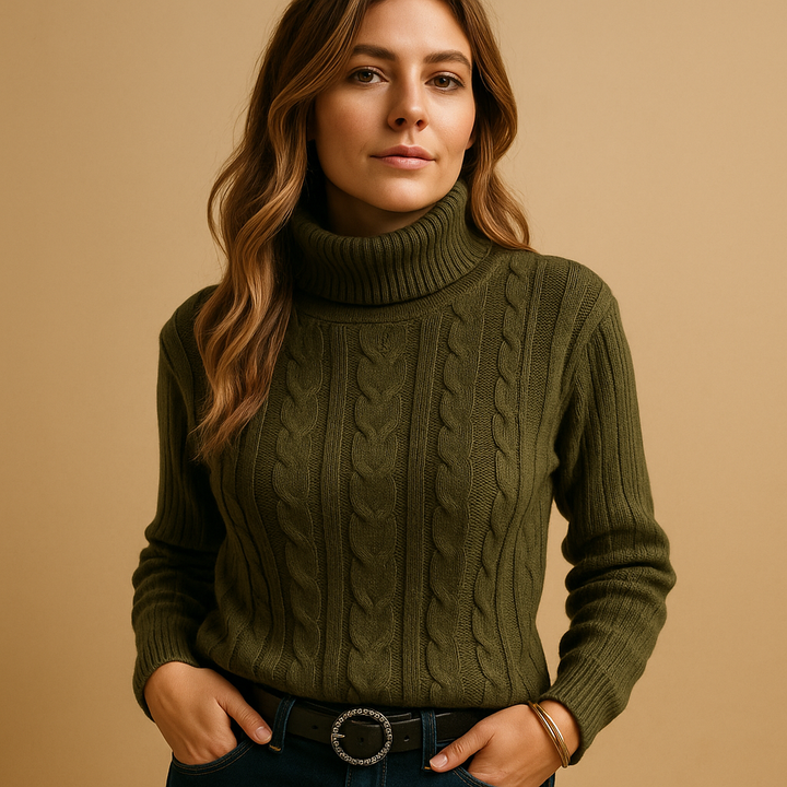 Women’s Cable Knit Sweater – Turtleneck Long Sleeve Pullover