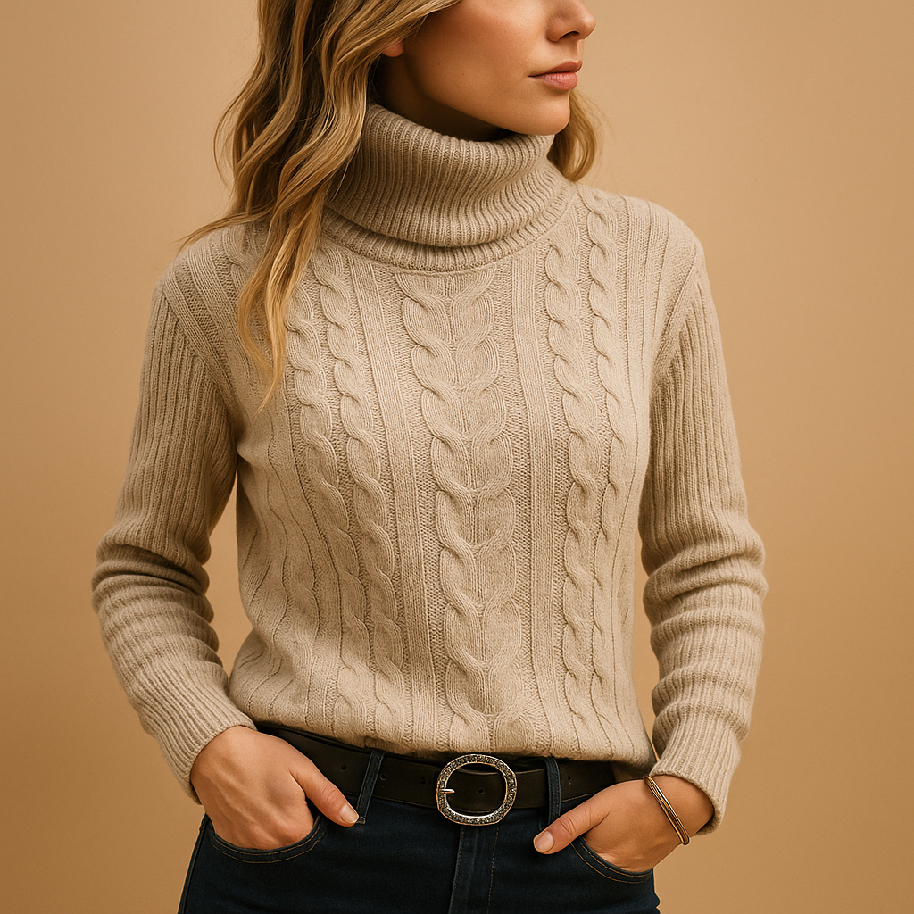 Women’s Cable Knit Sweater – Turtleneck Long Sleeve Pullover
